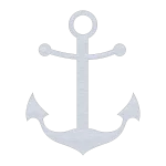 An 18-inch aluminum anchor cutout with a metallic finish against a solid black background. The design features a classic anchor shape with a prominent ring at the top and pointed flukes at the bottom. Symmetrical lines and rounded arms create an elegant nautical silhouette.